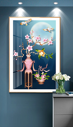 现代简约手绘梅花烤瓷花卉花瓶晶钻装饰画