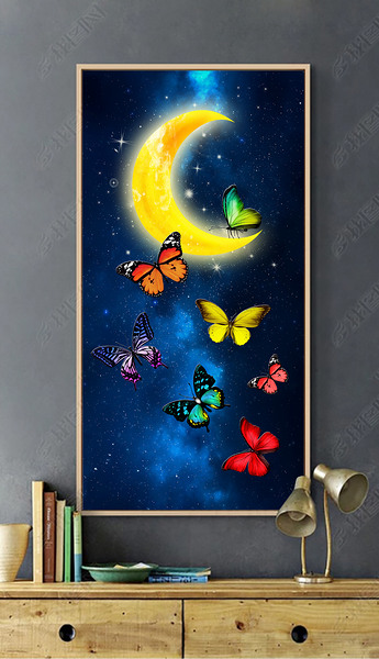 现代抽象蝴蝶月亮星空意境北欧装饰画晶瓷画