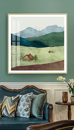 现代简约抽象清新山水房屋风景北欧装饰画