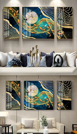 轻奢新中式立体荷花鱼群客厅装饰画晶瓷画