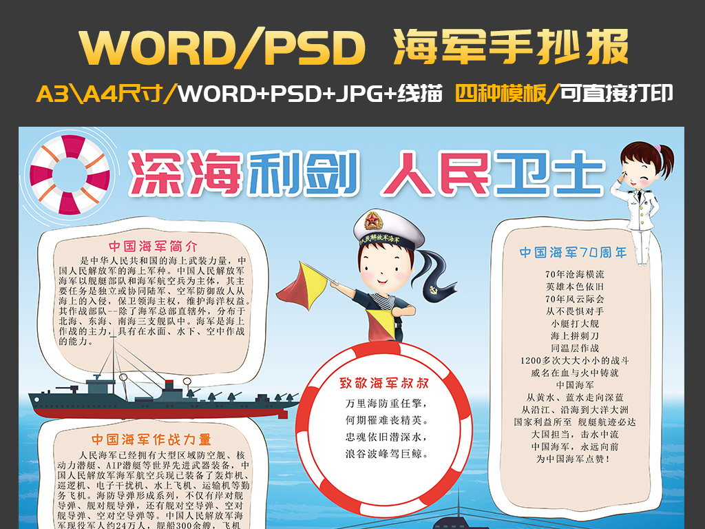 黑白线条中国海军成立70周年手抄报小报