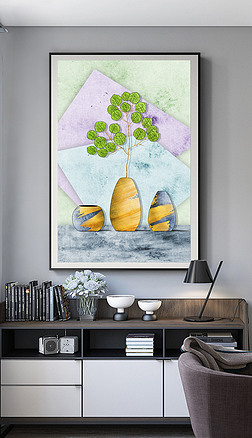 手绘小清新植物几何绿叶花瓶现代北欧装饰画