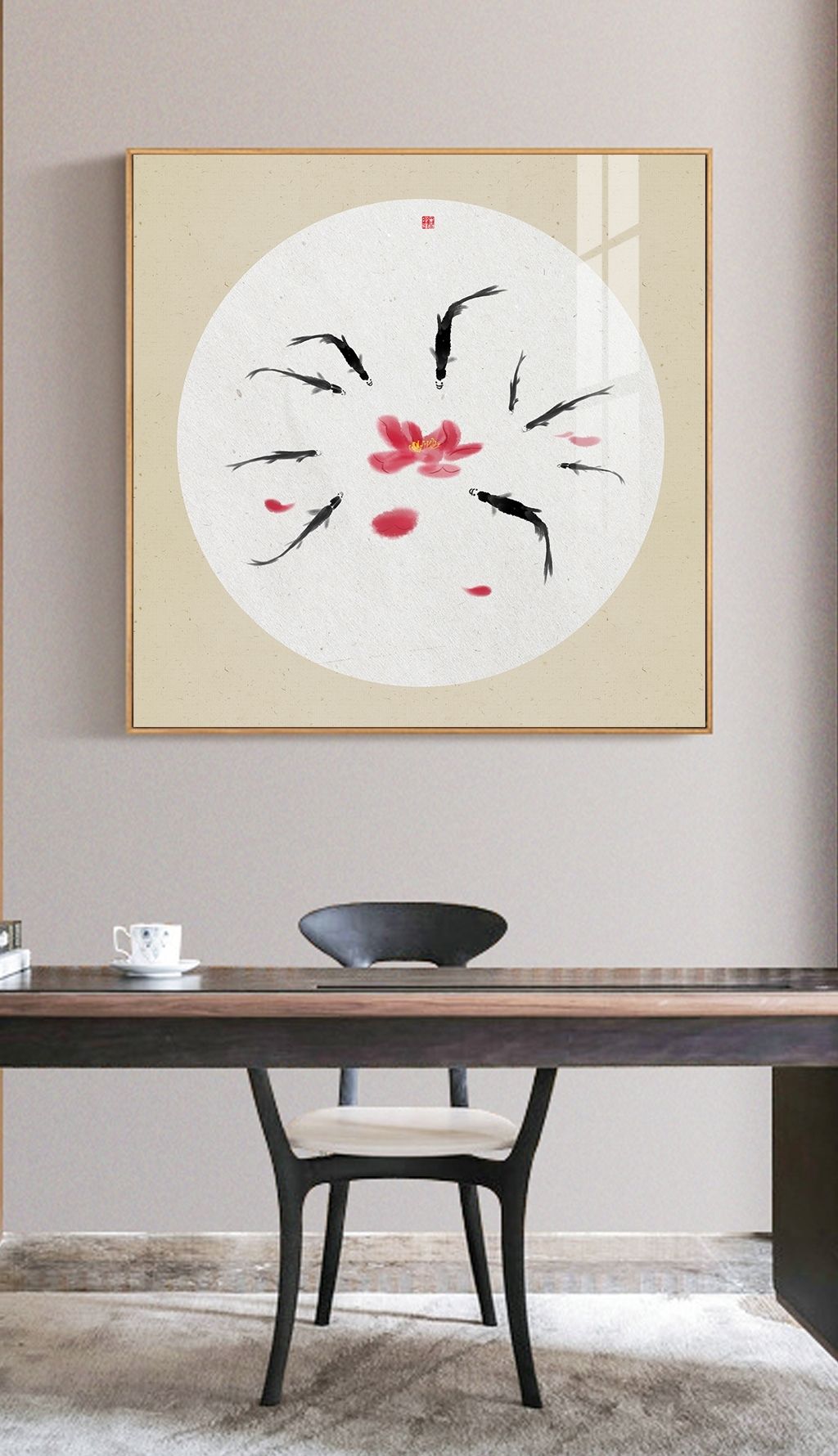 手绘水墨九鱼图写意水墨荷花玄关装饰画