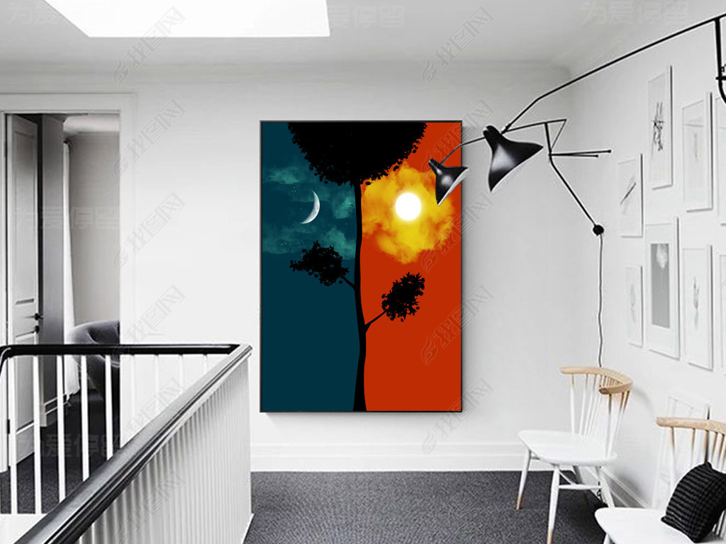 白天黑夜太阳月亮冷热对比欧美现代装饰画