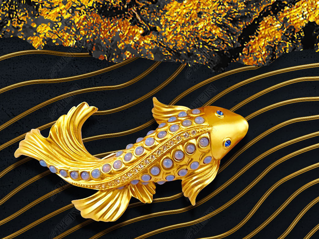 金山鲤鱼水墨山水风景装饰画