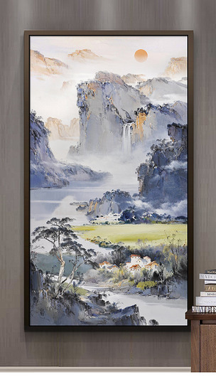 手绘油画风景山水新中式客厅玄关装饰画
