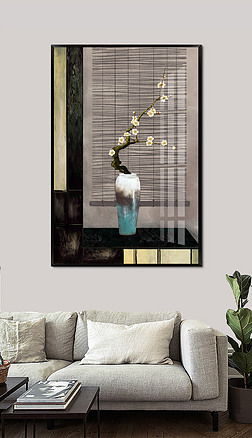 手绘梅花花瓶新中式古典客厅装饰画无框画