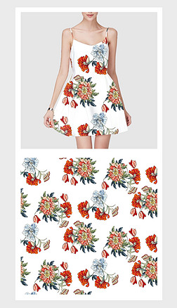 白底手绘植物t秀服装面料花卉分层图案设计