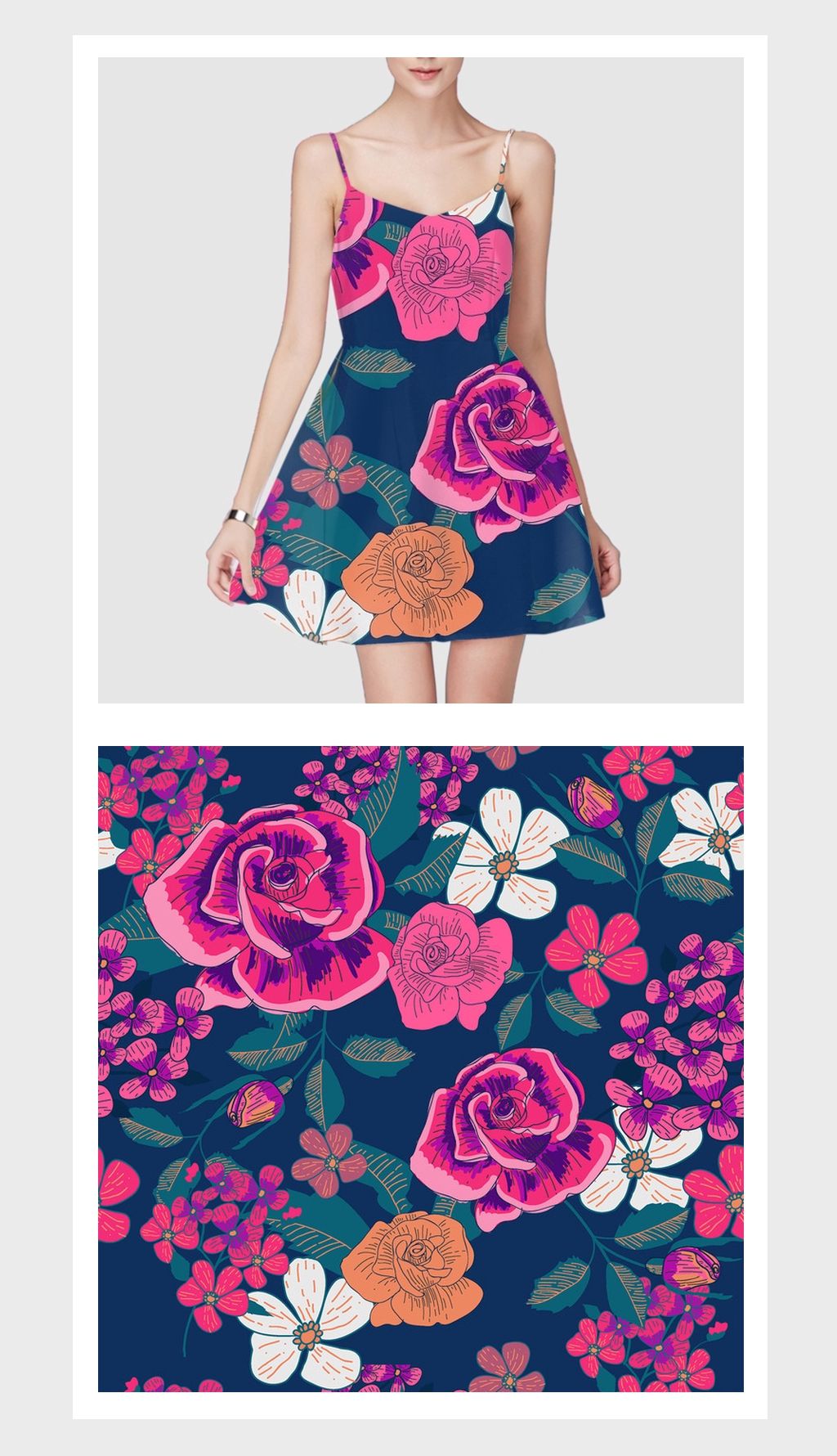 蓝底红花植物印花服装图案设计