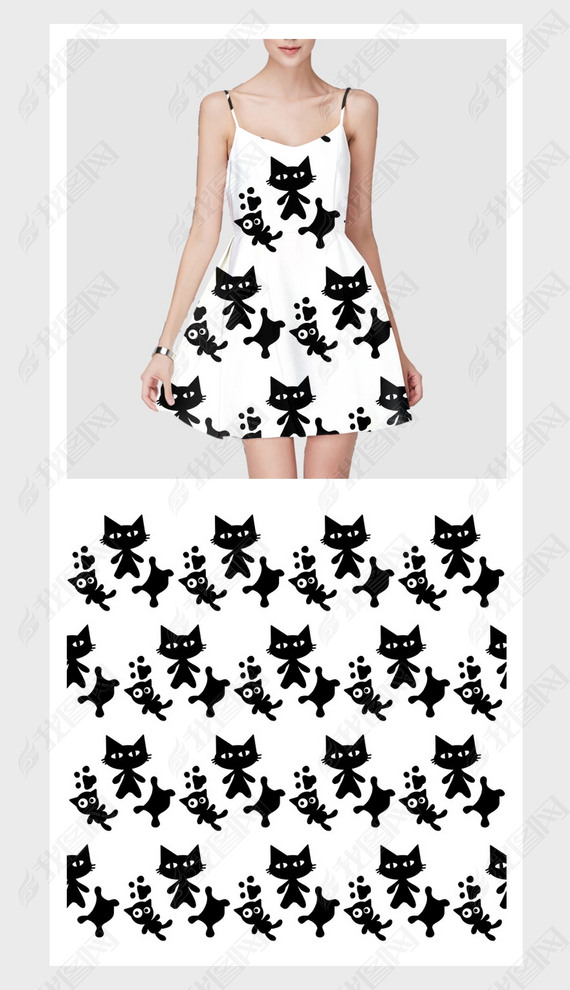白色背景卡通风格小黑猫元素图案