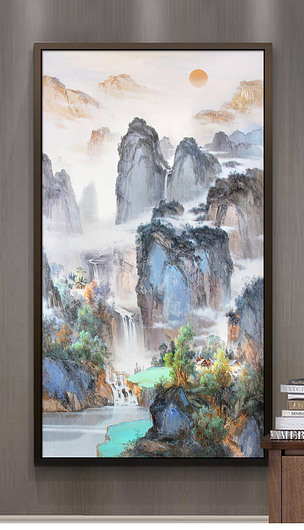 新中式山水风景油画中国风玄关背景墙