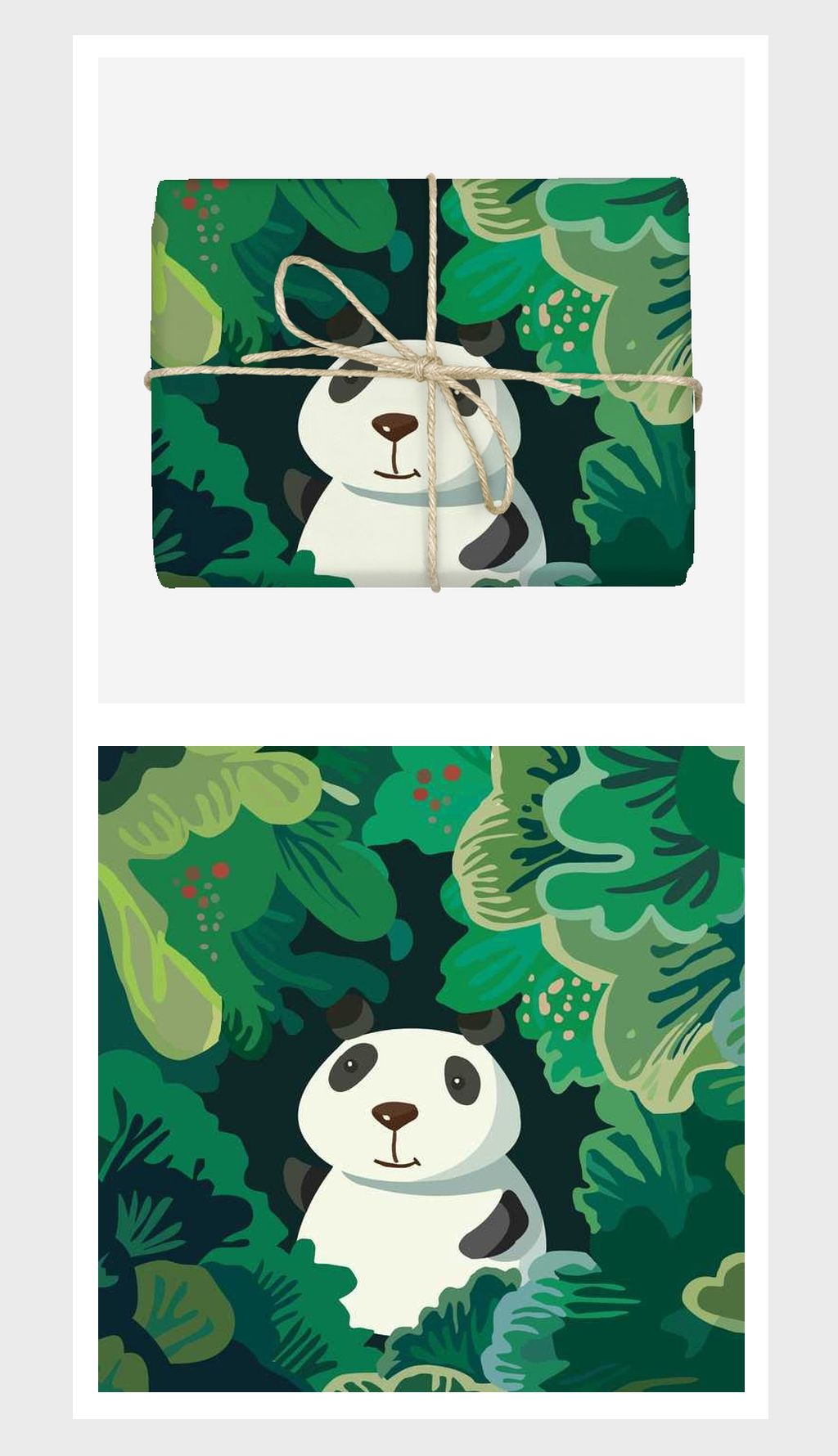 深绿手绘小清新卡通熊猫树叶插画