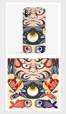 日式手绘插画手机壳图案|手绘日式传统达摩鲤鱼花纹装饰插画