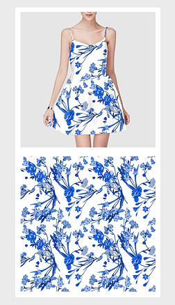 白底简约青花瓷花纹服装印花