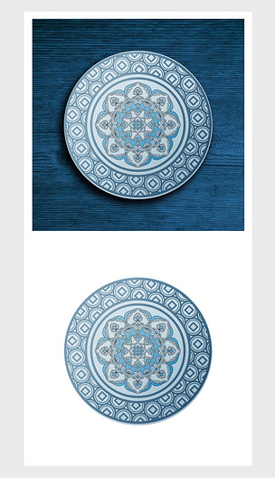 现代时尚中式青色镶边植物花卉图案餐具印花