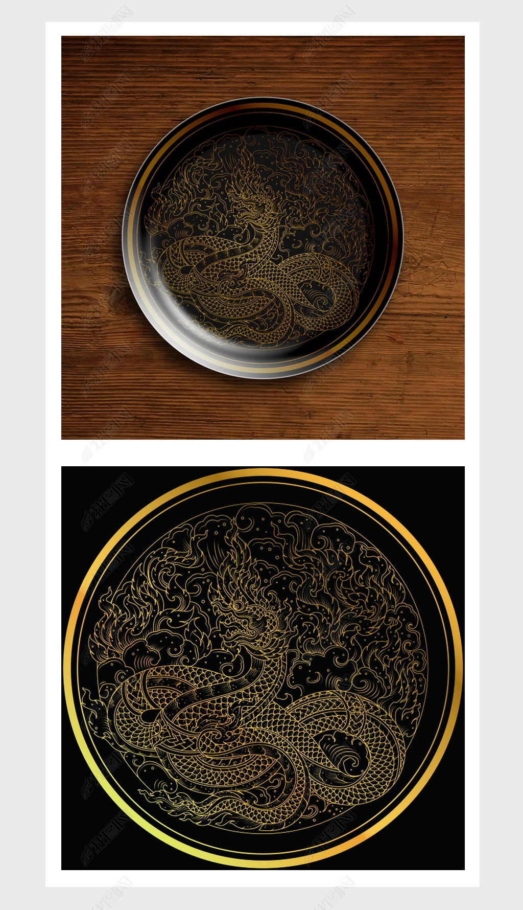 现代中式金色镶边动物几何纹样餐具图案印花