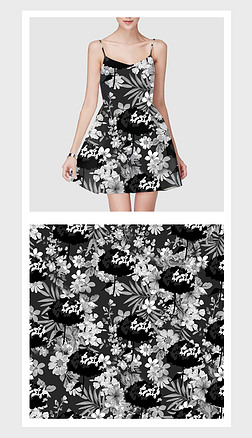 黑白花型服装印花图案|黑白小花花卉碎花简约时尚流行花型