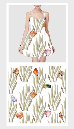 海洋 植物 贝壳服装印花图案|现代时尚复古海洋贝壳植物图案印花
