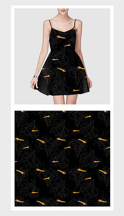 简约线条蜻蜓服装印花图案|黑底线条蜻蜓印花