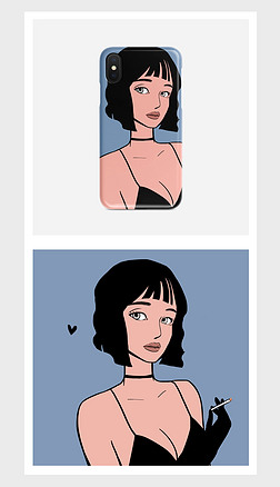 蓝黑撞色复古美式漫画风格少女插画