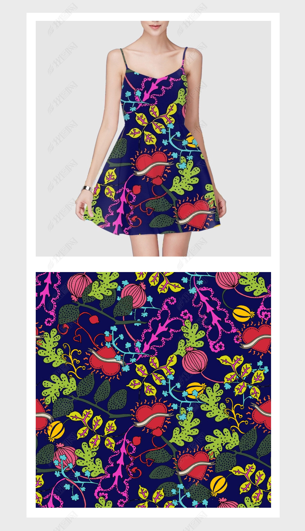 时尚系列蓝底植物花卉服装设计图