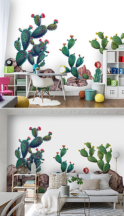 小清新仙人掌中世纪热带植物背景壁画