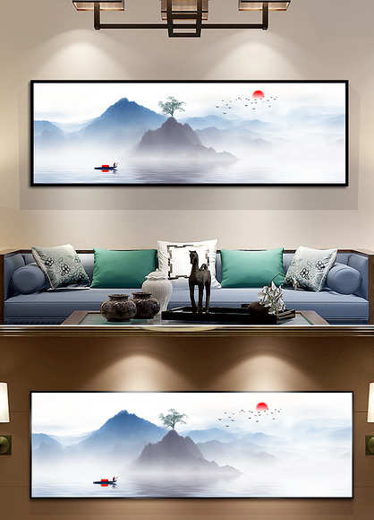 新中式水墨山水风景酒店装饰画客厅横幅挂画