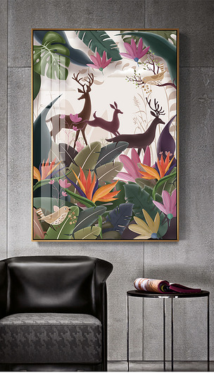 北欧热带植物森林麋鹿手绘装饰画客厅挂画