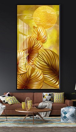 北欧金色铂金奢华大叶植物禅意招财装饰画玄关画