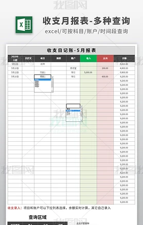 收支月报表账户科目利润日记账表格模板