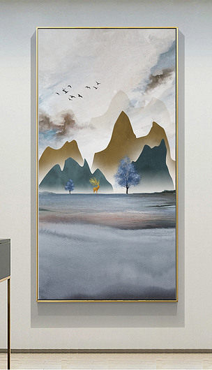 现代简约意境山水几何风景抽象竖版装饰画