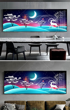 梦幻神鹿月亮风景画装饰画抽象无框画背景墙
