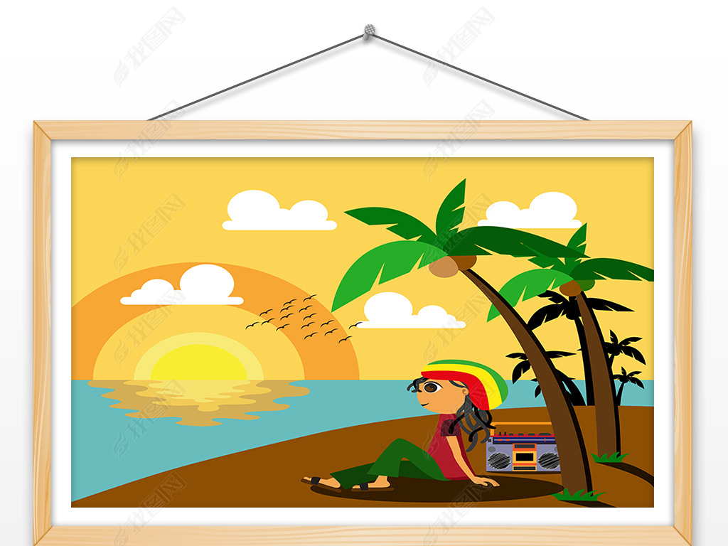 手绘一个喜欢音乐的人在海边度假插画设计