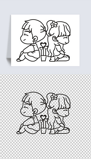 手绘线描背靠背情侣爱情cdr矢量图