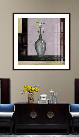 手绘油画风格新中式古典静物花瓶客厅装饰画无框画