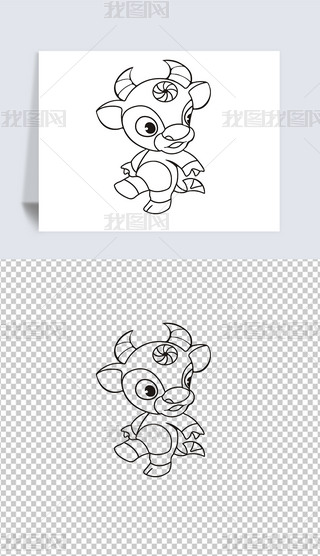 手绘线描生肖牛丑牛雕刻cdr矢量图