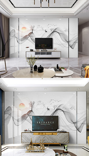 原创新中式手绘意境爵士白大理石纹山水背景墙版权可商用
