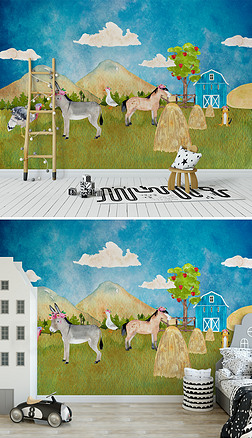 手绘卡通风景动物背景墙装饰画壁纸壁画