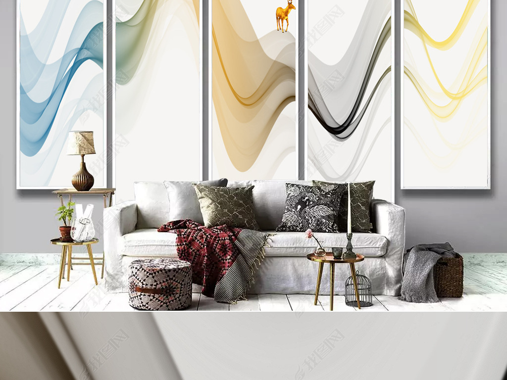 新中式手绘抽象线条水墨山水麋鹿沙发背景墙