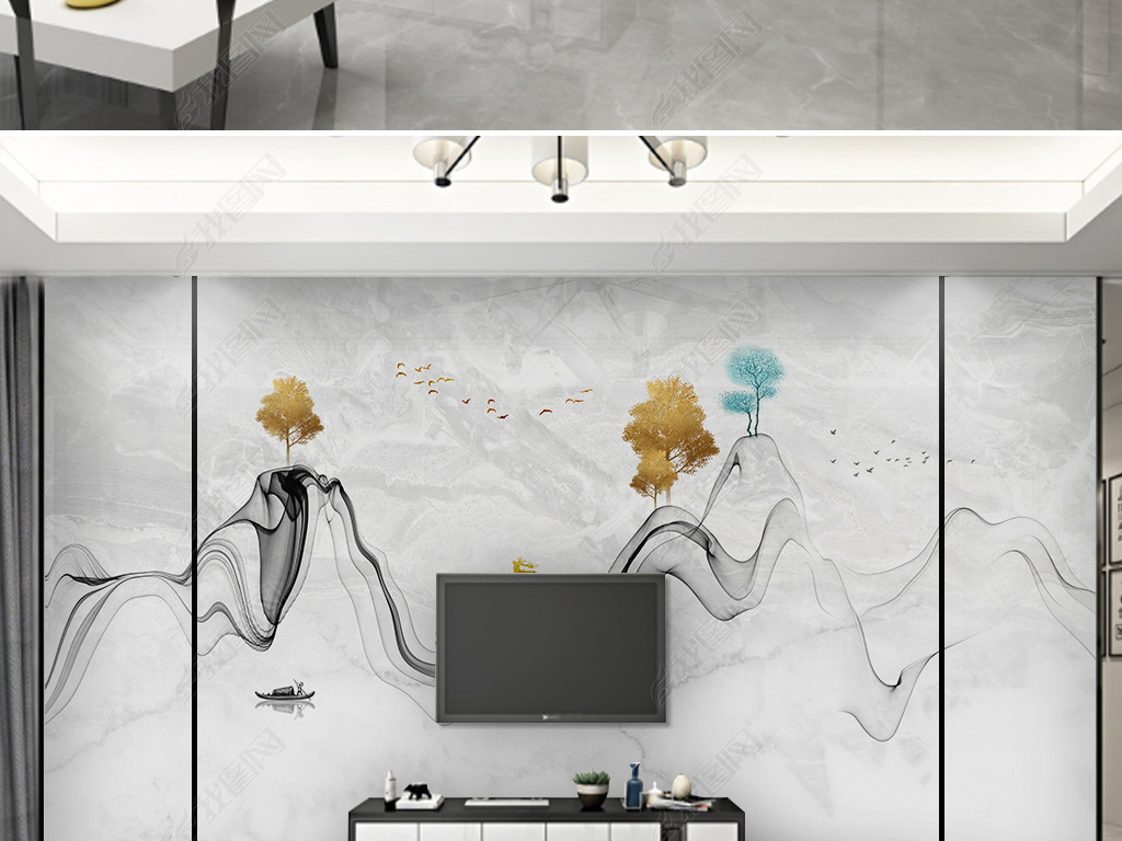 原创新中式现代简约手绘意境爵士白山水大理石纹山水背景墙版权可商用