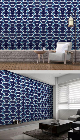 蓝色现代简约拼接叠加花纹几何电视背景墙