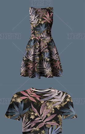 彩色个性热带雨林草叶服装图案