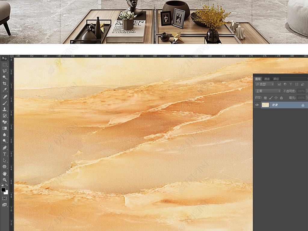 原创新中式现代简约手绘金色大理石纹山水背景墙版权可商用