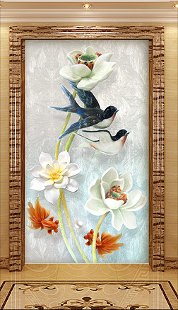 新中式3d荷花浮雕素雅简约立体玄关装饰画