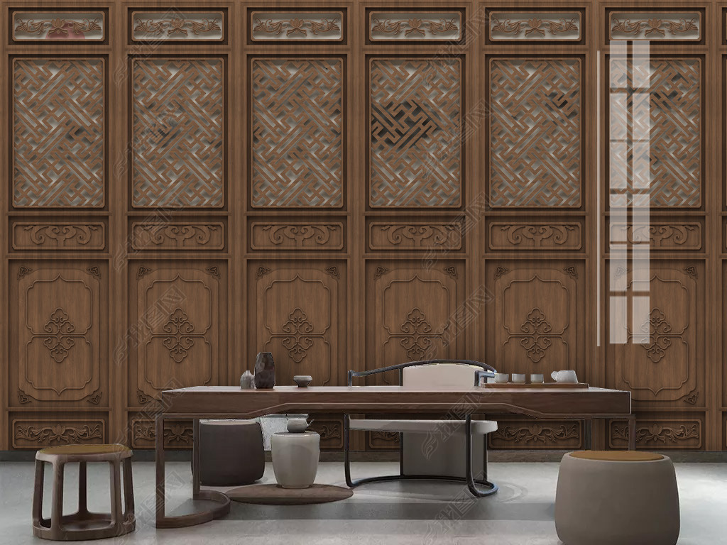 新中式禅意格栅屏风创意山水3d立体背景墙