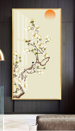 玉兰工笔花鸟新中式玄关背景墙装饰画