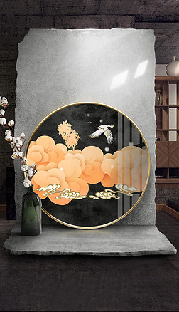 新中式山水祥云仙鹤轻奢装饰画圆形晶瓷画