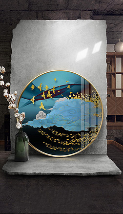 新中式祥云轻奢抽象山水装饰画鱼群晶瓷画