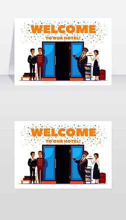 欢迎来到酒店卡通海报与热情好客的酒店员工矢量图