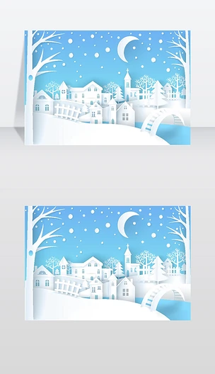 冬季风景矢量图蓝白以树木、星星和月亮、房矢量图